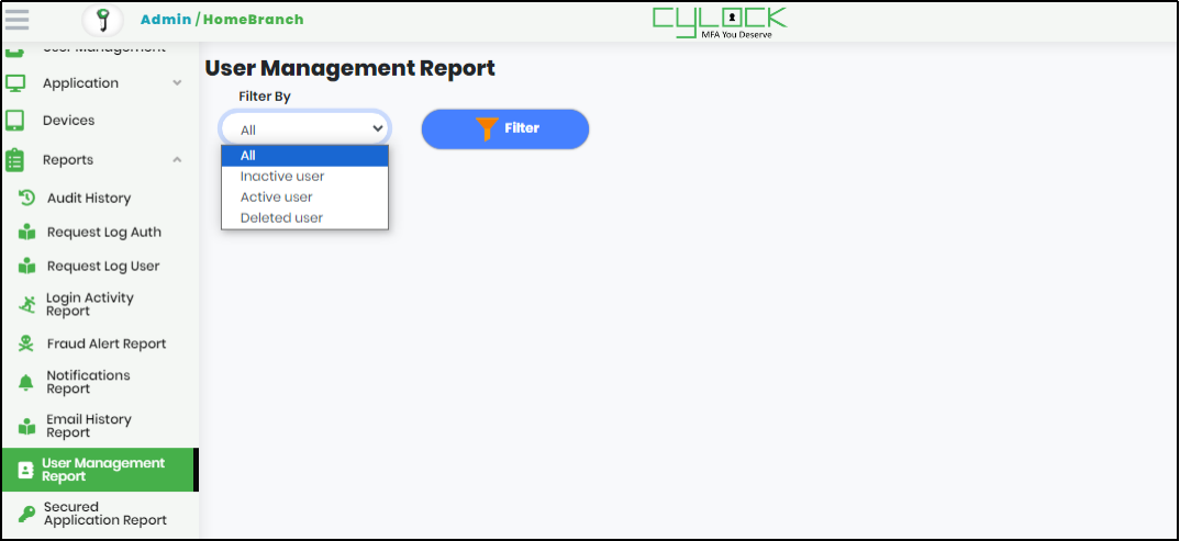 User Management Report screen - CyLock